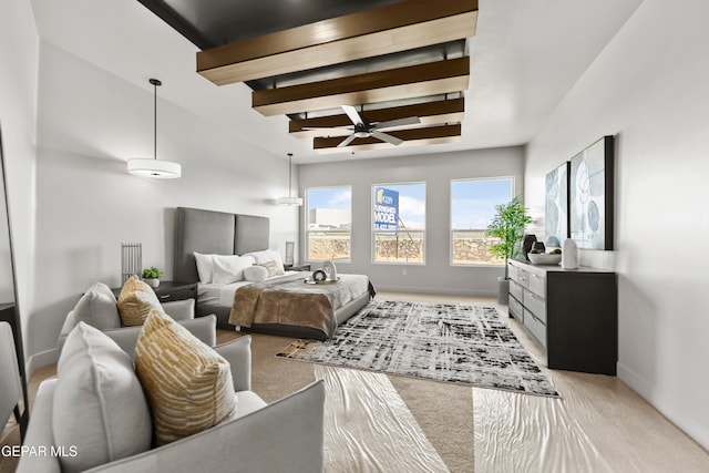 bedroom featuring light carpet and beam ceiling