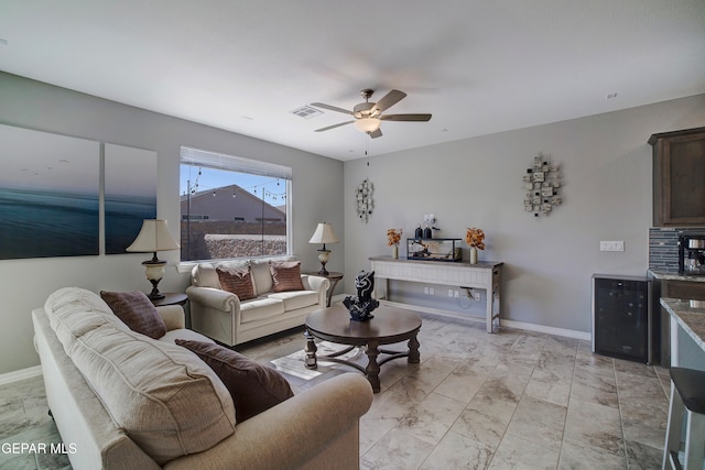 living room featuring ceiling fan