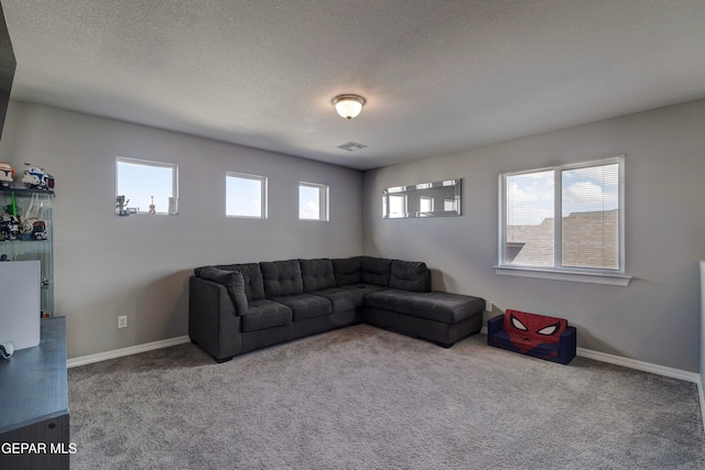 living room featuring light carpet and a textured ceiling