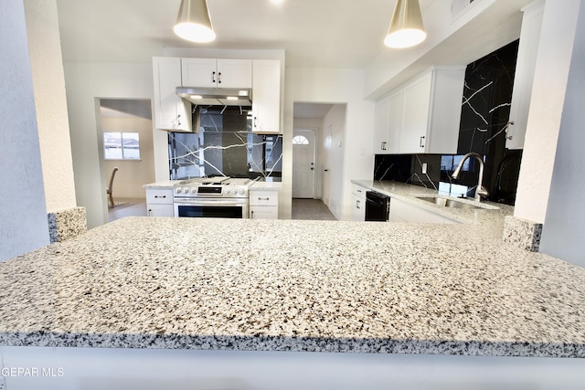 kitchen featuring white cabinets, electric range, kitchen peninsula, and sink