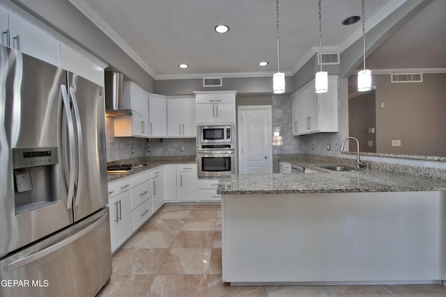 kitchen with sink, kitchen peninsula, white cabinetry, stainless steel appliances, and wall chimney exhaust hood