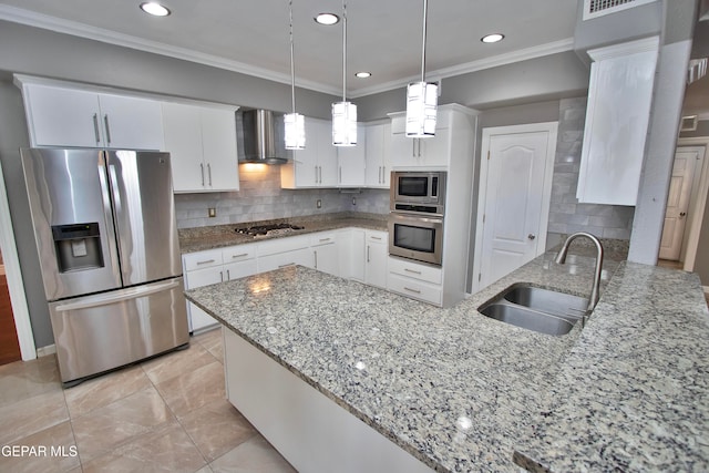 kitchen with white cabinetry, wall chimney exhaust hood, appliances with stainless steel finishes, and sink