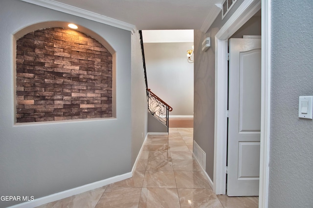 corridor featuring crown molding