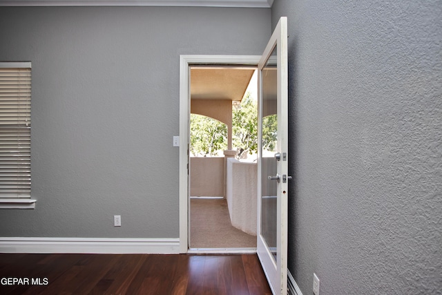 doorway with dark hardwood / wood-style floors