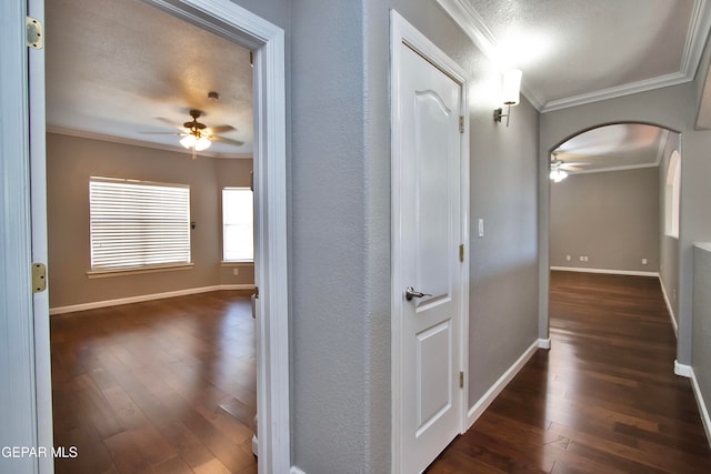 hall featuring dark wood-type flooring and crown molding