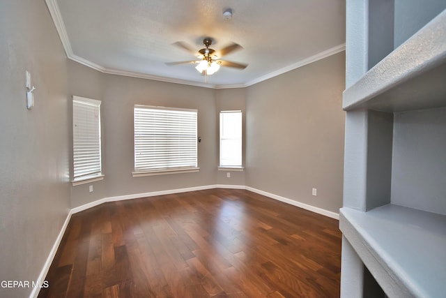 unfurnished living room featuring crown molding, dark wood-type flooring, and ceiling fan