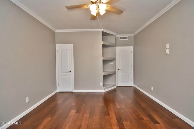 unfurnished bedroom featuring ornamental molding, dark hardwood / wood-style floors, and ceiling fan