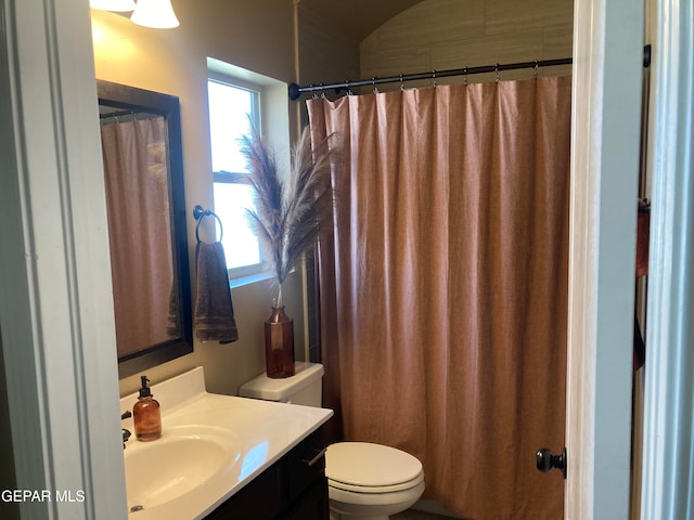 bathroom featuring toilet, vanity, and a shower with shower curtain