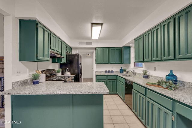 kitchen featuring kitchen peninsula, black appliances, sink, and green cabinetry