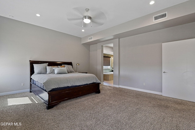 bedroom featuring connected bathroom, ceiling fan, and carpet