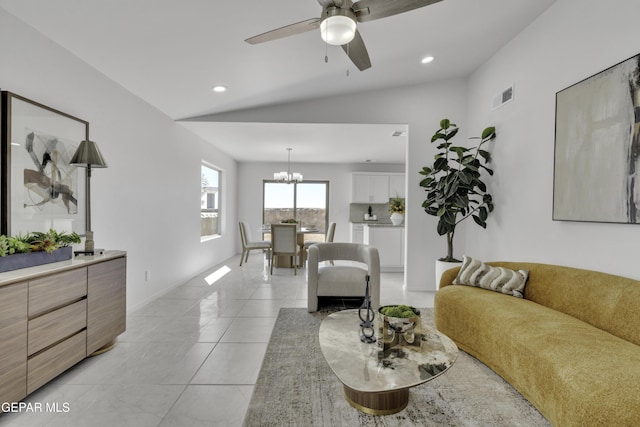 15248 Gauge Ct, El Paso, TX 79938 - living room featuring visible vents, recessed lighting, ceiling fan with notable chandelier, and lofted ceiling