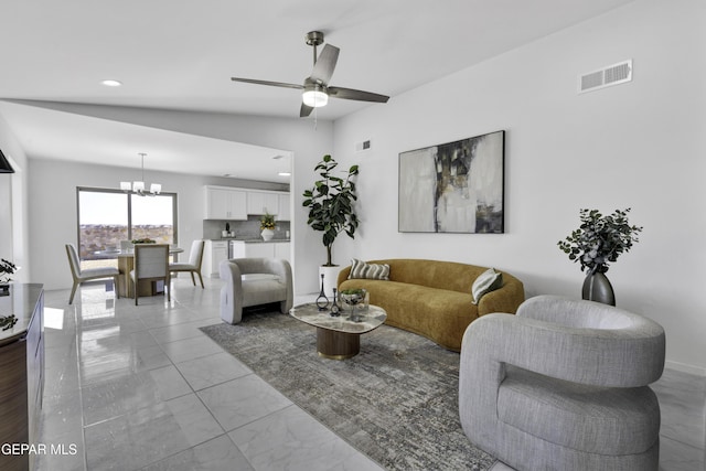 15248 Gauge Ct, El Paso, TX 79938 - living room featuring marble finish floor, visible vents, recessed lighting, and ceiling fan with notable chandelier