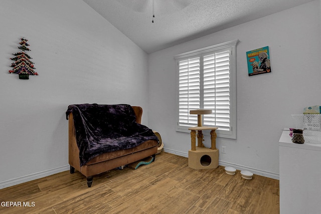 sitting room with vaulted ceiling, a textured ceiling, and light wood-type flooring