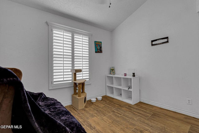 bedroom with lofted ceiling, a textured ceiling, and hardwood / wood-style flooring