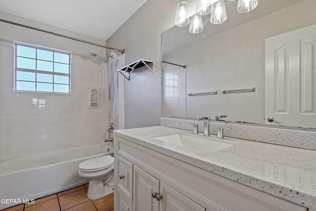 full bathroom with shower / bath combination with curtain, toilet, tile patterned floors, and vanity