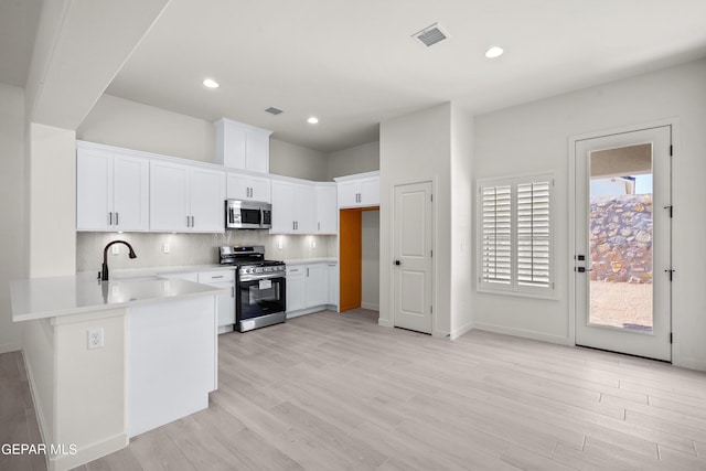 13866 Paseo Central Ave, El Paso, TX 79928 - kitchen featuring appliances with stainless steel finishes, a sink, decorative backsplash, light wood-style flooring, and light countertops