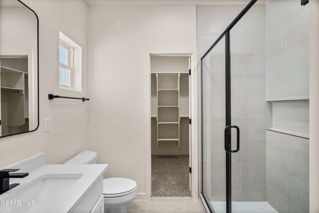 bathroom with vanity, an enclosed shower, and toilet