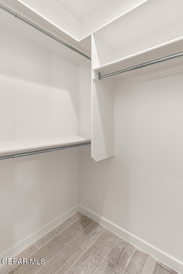 walk in closet with light hardwood / wood-style floors