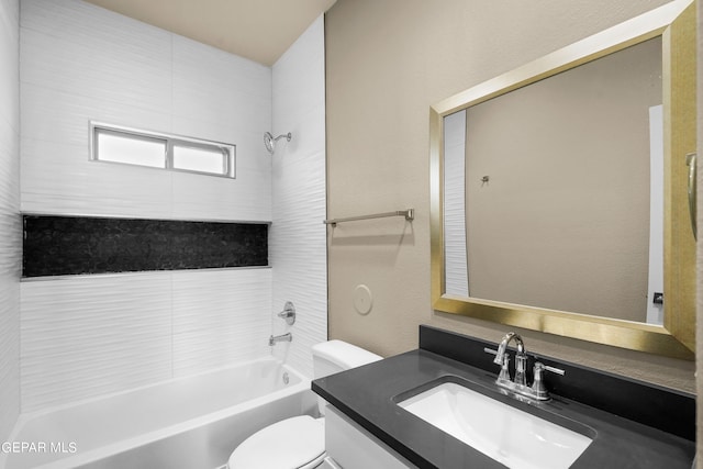 full bathroom with toilet, vanity, and bathing tub / shower combination