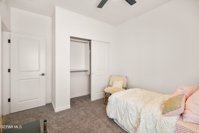 bedroom with a closet, carpet flooring, and ceiling fan