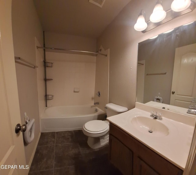 full bathroom with toilet, vanity, shower / tub combination, and tile patterned floors