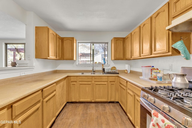 kitchen featuring a healthy amount of sunlight, sink, light hardwood / wood-style flooring, and extractor fan