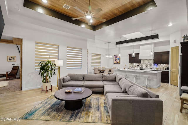 2300 Tierra Zaria, El Paso, TX 79938 - living room featuring wood ceiling, a raised ceiling, a ceiling fan, light wood finished floors, and recessed lighting