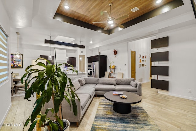 2300 Tierra Zaria, El Paso, TX 79938 - living room with a tray ceiling, wood ceiling, a ceiling fan, and recessed lighting