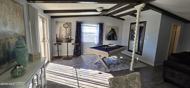 game room with vaulted ceiling with beams, baseboards, and pool table