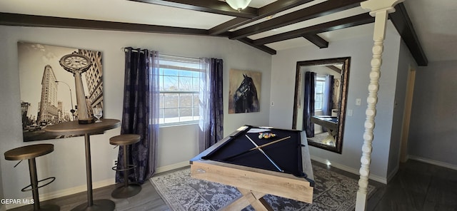 rec room featuring vaulted ceiling with beams, wood finished floors, billiards, and baseboards