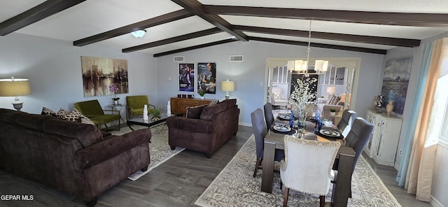 dining area with visible vents, dark wood finished floors, lofted ceiling with beams, and an inviting chandelier