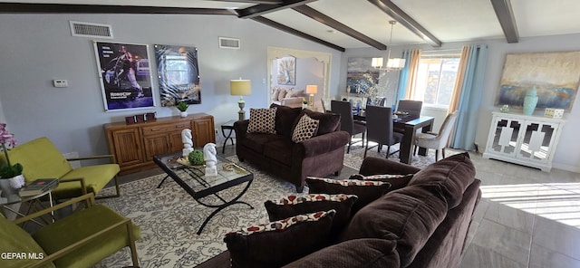 living area with vaulted ceiling with beams, an inviting chandelier, and visible vents