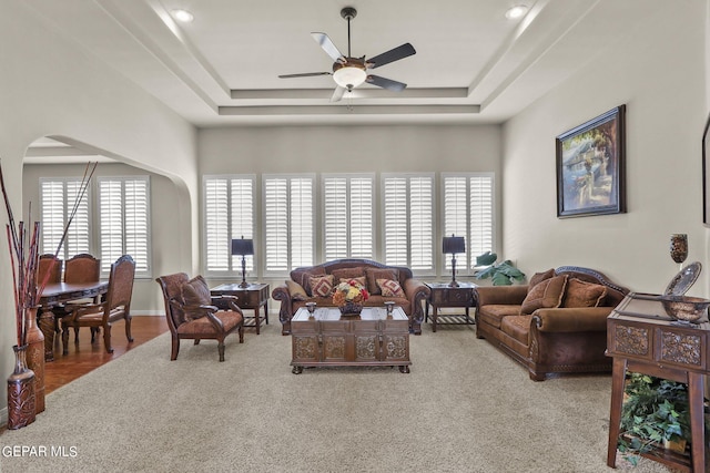 living room with a tray ceiling, plenty of natural light, and ceiling fan