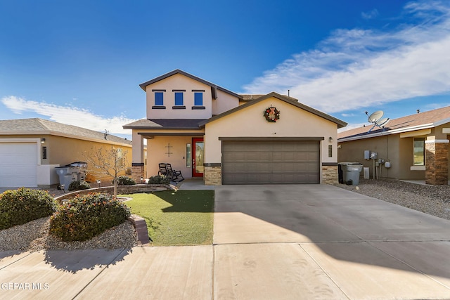 view of front of house with stucco siding, a porch, concrete driveway, an attached garage, and stone siding