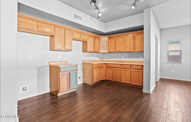 kitchen featuring dark hardwood / wood-style floors, rail lighting, and a textured ceiling