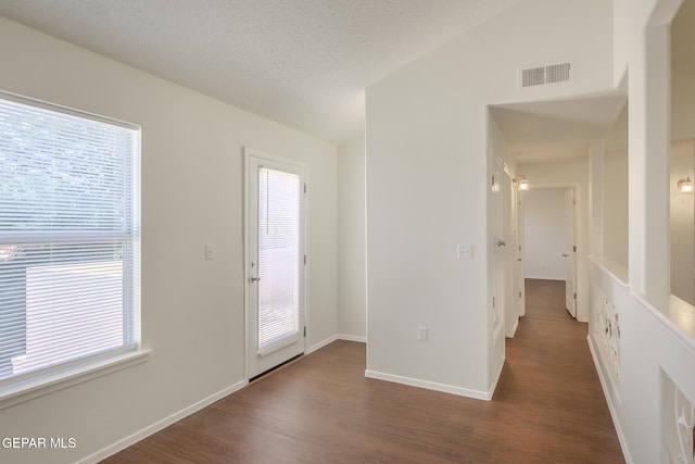 foyer with a textured ceiling, lofted ceiling, plenty of natural light, and dark hardwood / wood-style floors