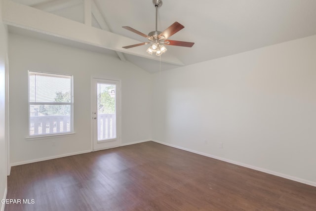 empty room with ceiling fan, lofted ceiling with beams, and dark hardwood / wood-style floors