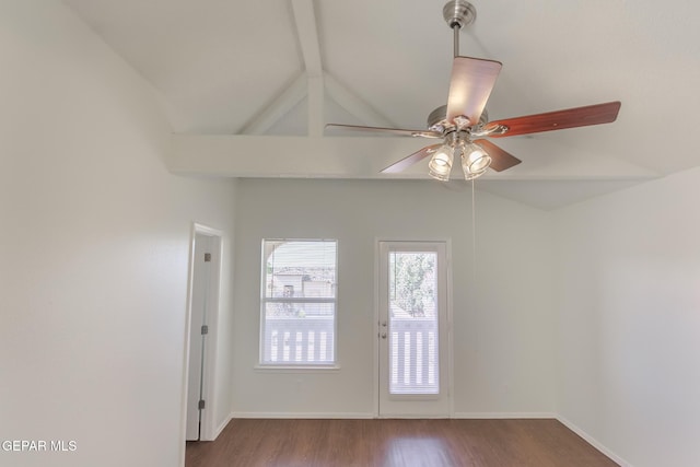 interior space with vaulted ceiling with beams, hardwood / wood-style flooring, and ceiling fan