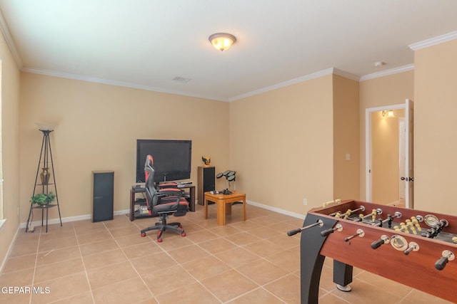 rec room with light tile patterned floors and ornamental molding