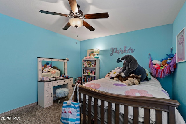 bedroom with ceiling fan and carpet floors