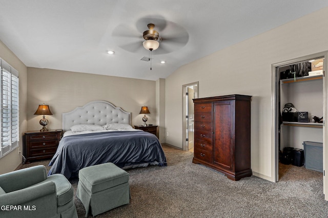 bedroom featuring carpet flooring, vaulted ceiling, and ceiling fan