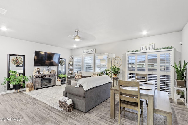 living room with a fireplace, hardwood / wood-style floors, ceiling fan, and plenty of natural light