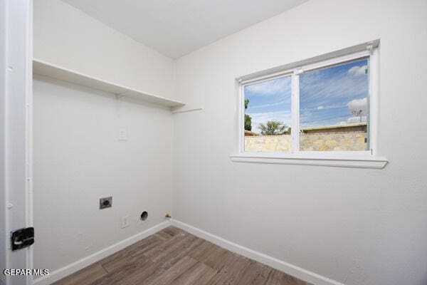 washroom with hardwood / wood-style floors, electric dryer hookup, and gas dryer hookup