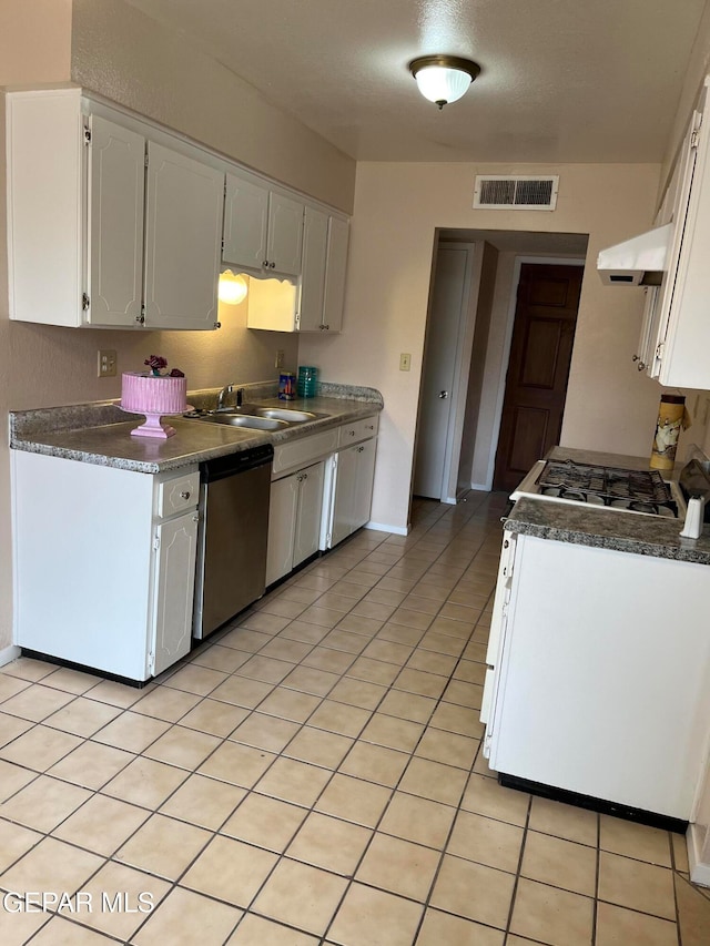 kitchen with white cabinetry, sink, white gas range oven, ventilation hood, and dishwasher