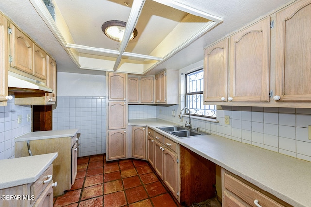 kitchen featuring light brown cabinetry, tile walls, sink, and tasteful backsplash