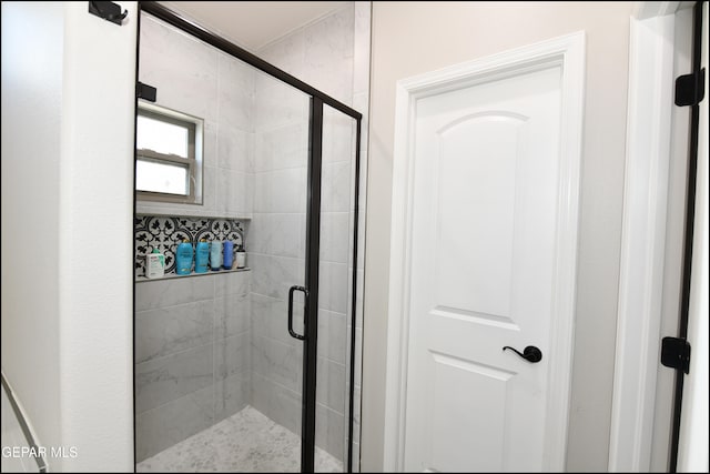 bathroom featuring a shower with door