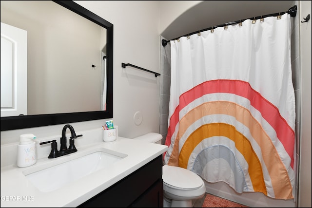 full bathroom featuring vanity, toilet, and shower / bathtub combination with curtain