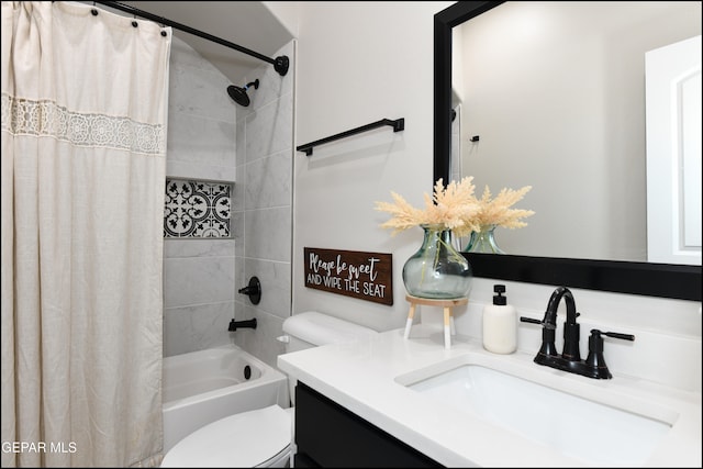 full bathroom with vanity, toilet, and shower / bath combo with shower curtain