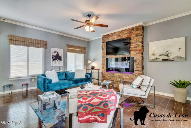 living room featuring ornamental molding, dark wood-type flooring, and ceiling fan