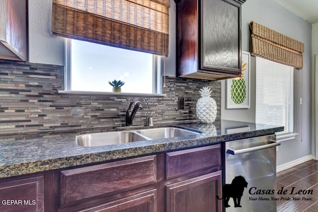 kitchen with stainless steel dishwasher, sink, and backsplash